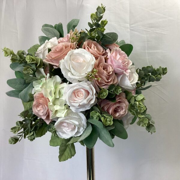 artificial silk flower bridal bouquet. hand tied posy style. pastel pinks, dusky pink, hydrangea, berry, variety of eucalyptus & lambs ear