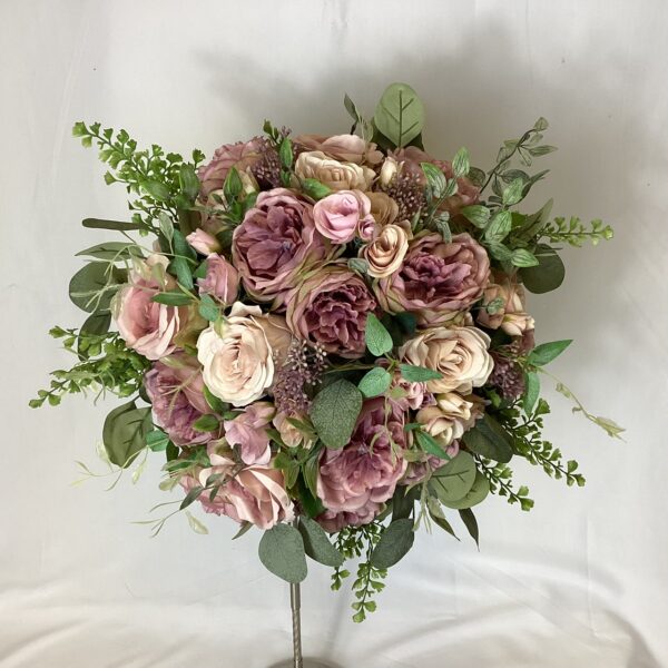 artificial silk flower brides bouquet, extra large hand tied posy stle bouquet, mauves, mink, nude, lilac green. inc roses, spray roses, peony, berry, sprengeri fern, ruscus & eucalyptus