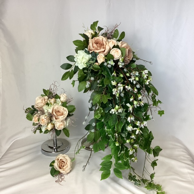 bridal bouquet, hand tied shower style, nude, ivory, very natural. roses, blossom, pussy willow, limonium hydrangea, ivy
