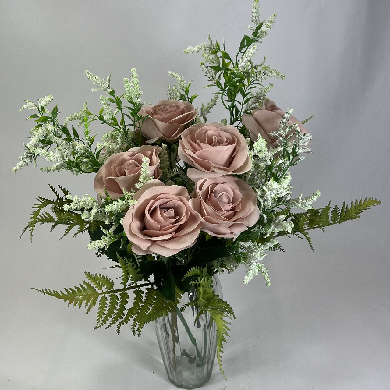 White Artificial Wild Lavender Sprays mixed with wild fern bush and antique mauve open rose bush. Mix with flowers to create a larger bouquet or arrangement. Perfect for home or DIY wedding flowers